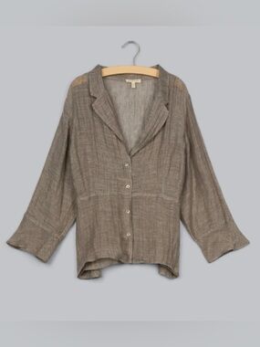 Eileen Fisher sheer linen gauze driftwood brown button jacket /top. Size Small